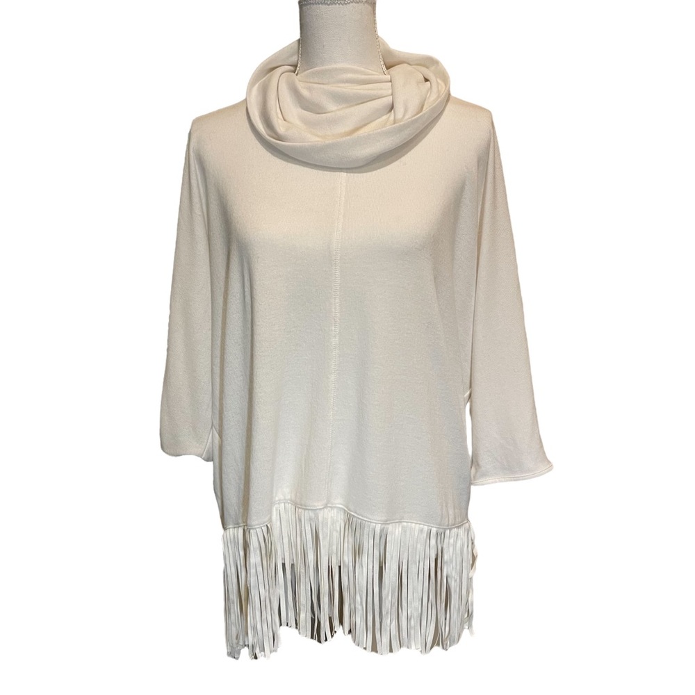 Terre Bleue White Cowl Neck Fringe Sweater. Size M